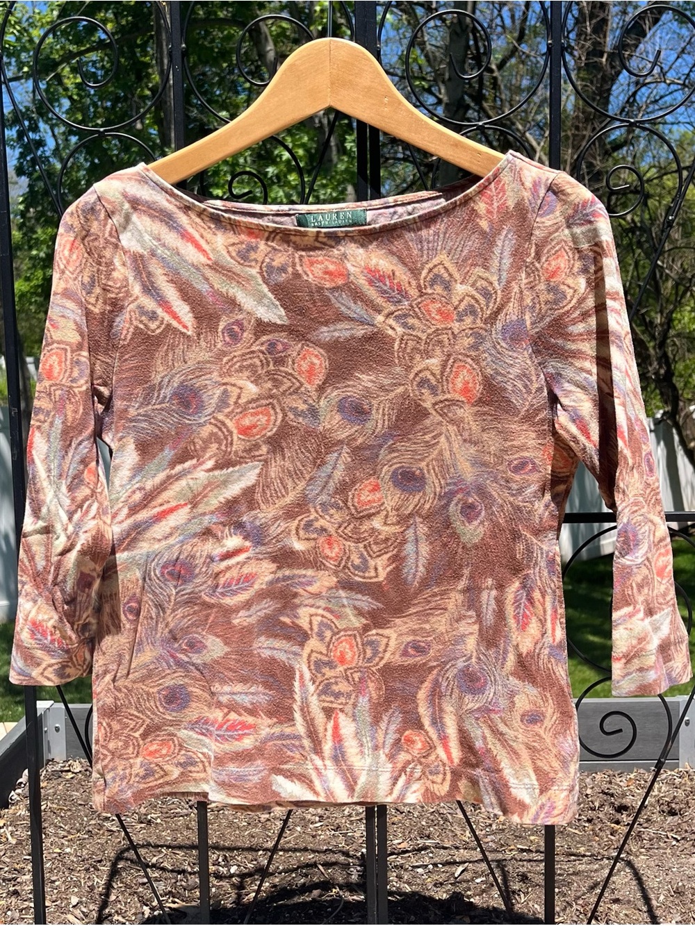 Lauren Ralph Lauren Women’s 100% Cotton 3/4 Sleeve Boatneck Feathers Top Size M